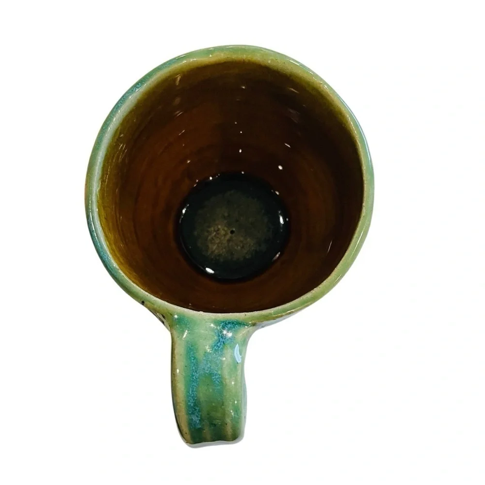 Handmade Signed Studio Art Pottery Mug Green Black Botanical Leaf Design 2.5